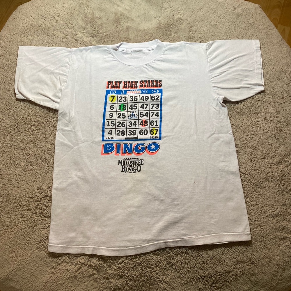 White 'Play High Stakes Bingo' Short Sleeve Tee Size L
